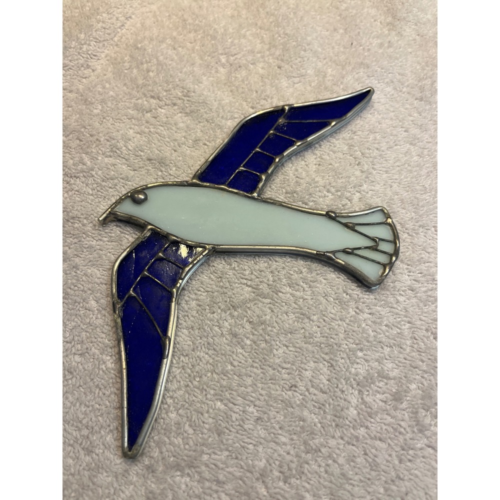 Vintage Stained Glass Seagull Suncatcher Blue White Coastal Nautical Window Art